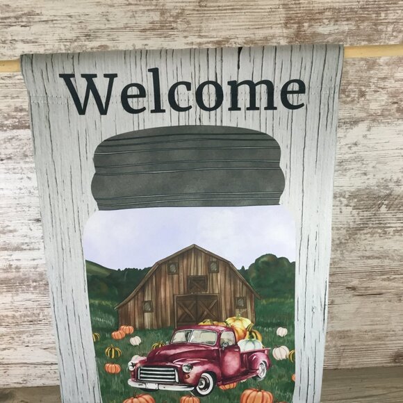 Welcome Mason Jar Scene with Red Truck and Pumpkins Fall Garden Flag - Picture 3 of 5